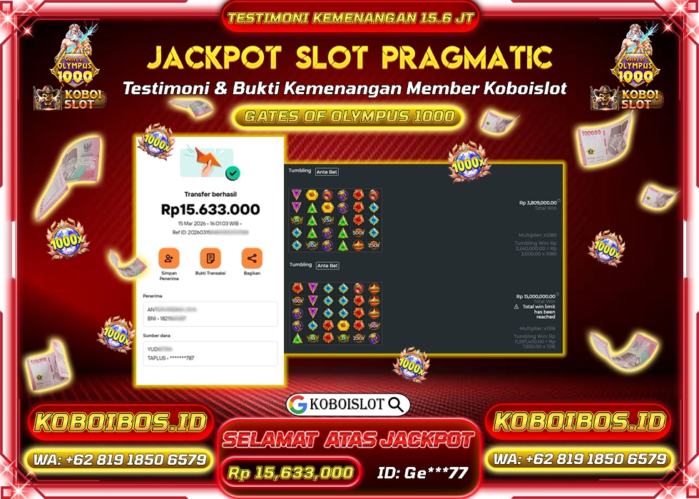 BUKTI KEMENANGAN ID Ge***77 SLOT GACOR GATES OF OLYMPUS 1000 Rp15.633.000,- LUNAS